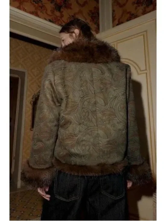 ZARA — Womens Brown Faux Fur-Trim Paisley Jacket - Picture 5 of 6